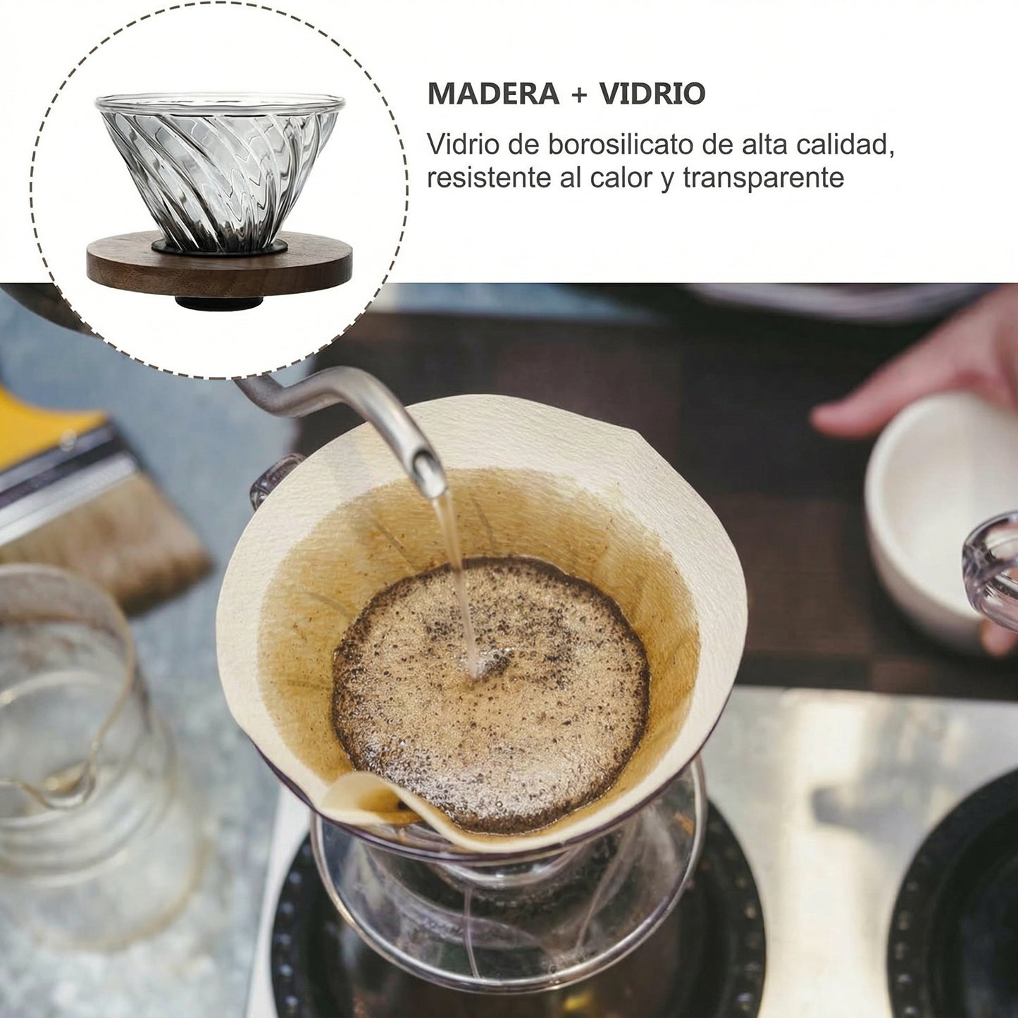 Dripper V60 Vidrio – Vista lateral con soporte de madera natural | Mula Andina Café