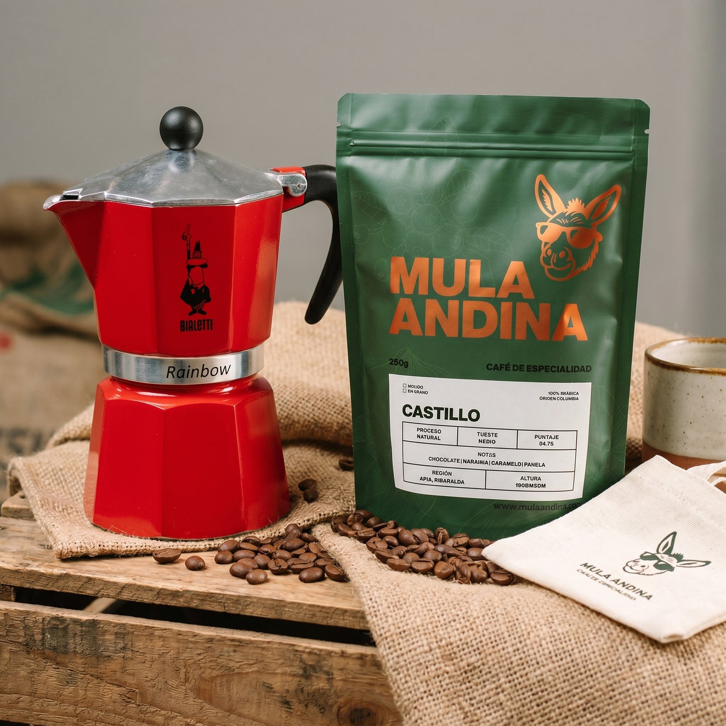 Kit Café Castillo + Bialetti Rainbow 3 Tazas | Pack Regalo Café – Mula Andina Café