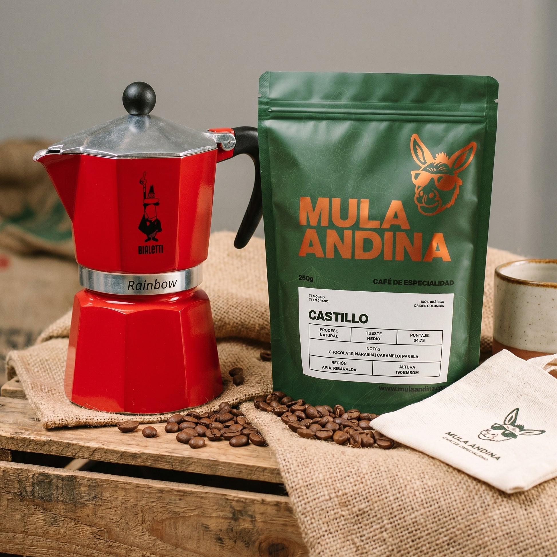 Kit Café Castillo + Bialetti Rainbow 3 Tazas | Pack Regalo Café – Mula Andina Café